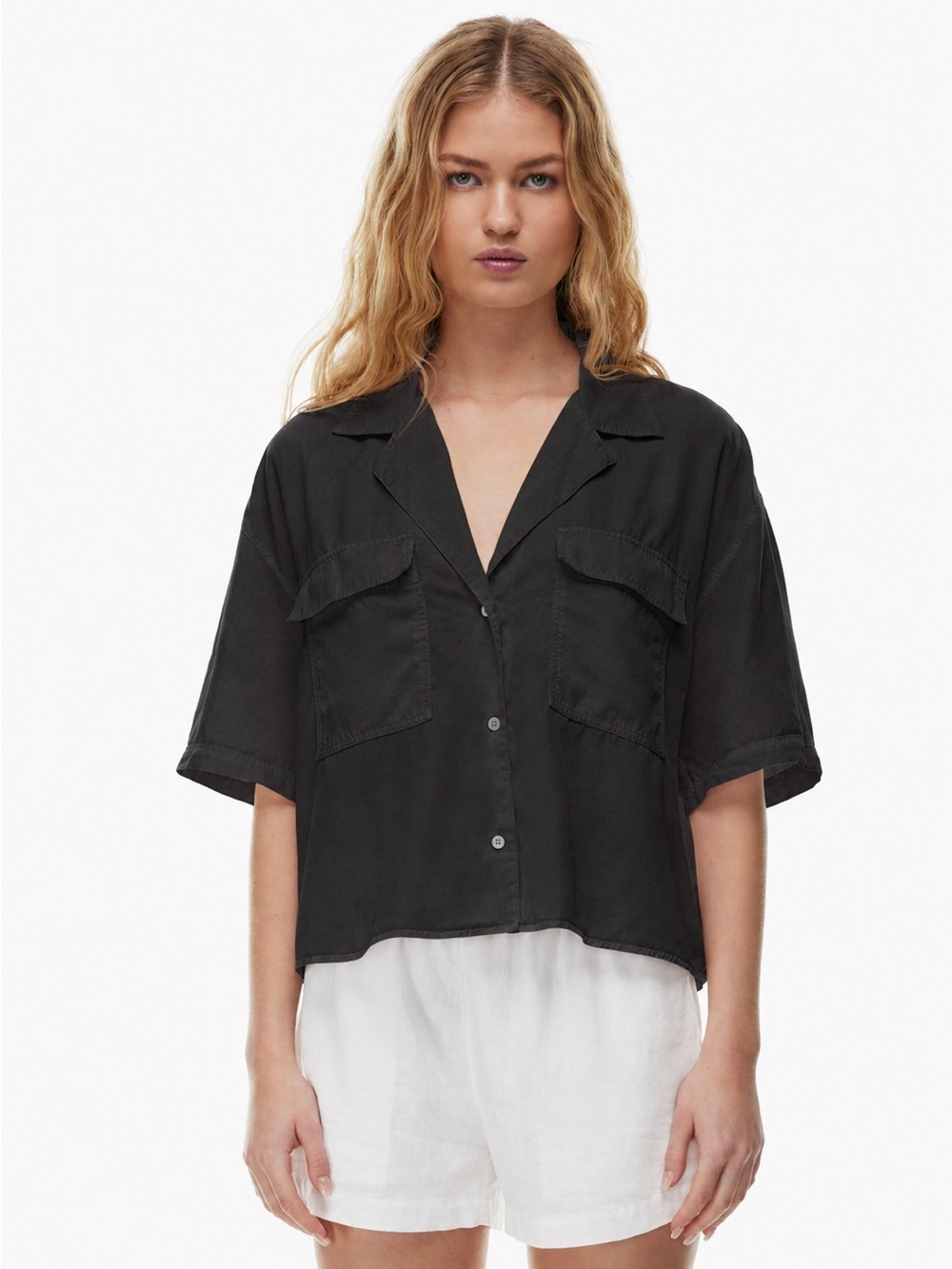 BABATON DOTTIE SHIRT BLACK CROPPED BOXY BUTTON UP SIZE M